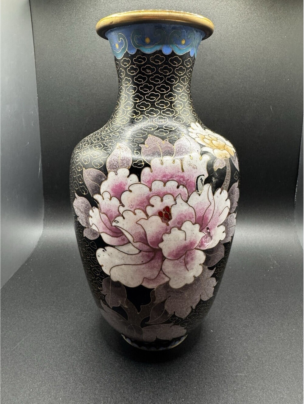 Vintage Brass And Cloisonne Vase China - 8” Flowers Butterfly - Pink & Yellow